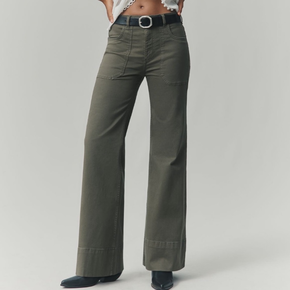 Pilcro Anthropologie Olive Green High-Rise Rylan Relaxed Flare Pants NWT